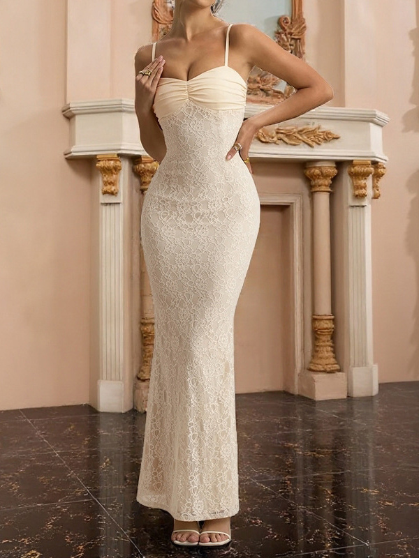 Aesthetic Lace Maxi Dress For Women - Apricot Ruched Bodycon Gown - Summer Wedding Guest Party Wear 2026