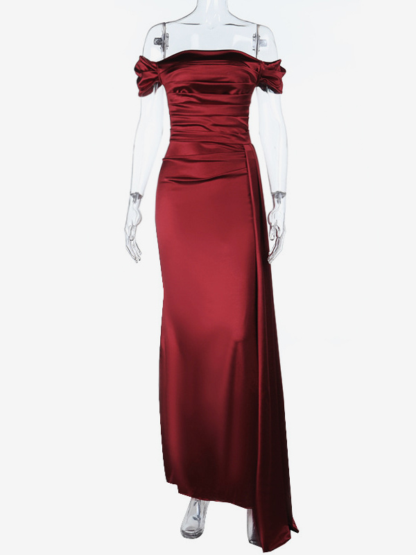 Off Shoulder Satin Maxi Dress For Women - Wine Red Elegant High Slit Ruched Gown - Spring Wedding Guest Party Wear 2026