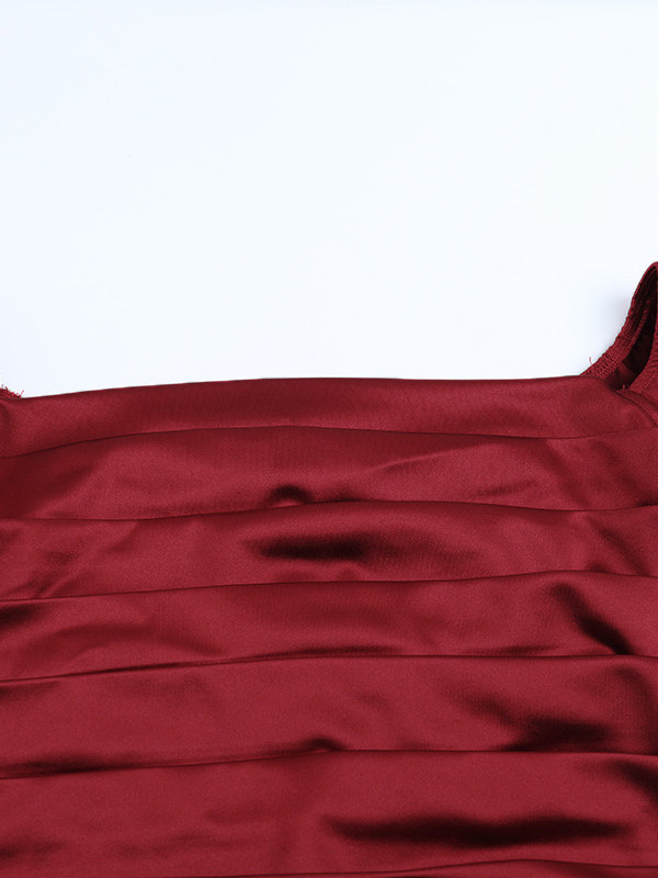 Off Shoulder Satin Maxi Dress For Women - Wine Red Elegant High Slit Ruched Gown - Spring Wedding Guest Party Wear 2026