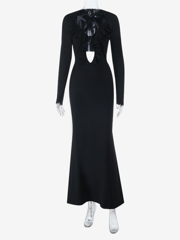 Ruffle V Neck Maxi Dress For Women - Black Elegant Backless Cut Out Bodycon Long Dress - Spring Evening Gown 2026