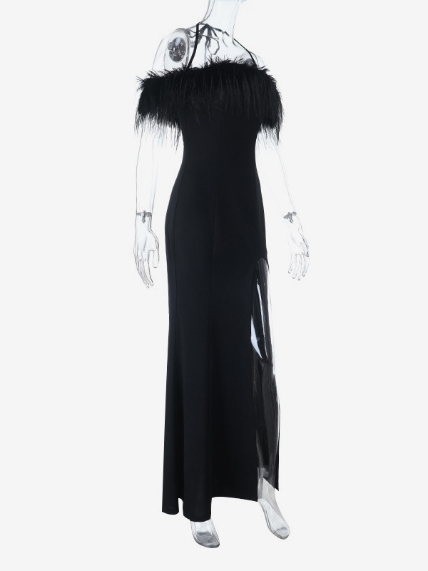 Feather Trim Maxi Dress For Women - Black Elegant Halter High Slit Bodycon Gown - Summer Evening Party 2026