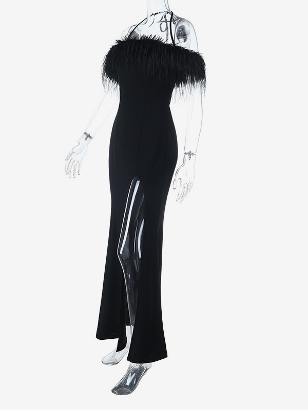 Feather Trim Maxi Dress For Women - Black Elegant Halter High Slit Bodycon Gown - Summer Evening Party 2026