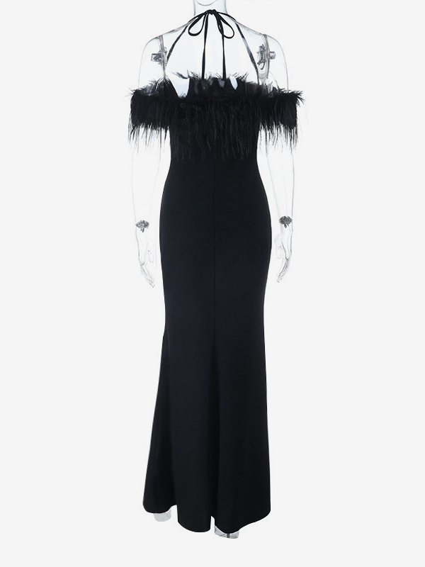 Feather Trim Maxi Dress For Women - Black Elegant Halter High Slit Bodycon Gown - Summer Evening Party 2026