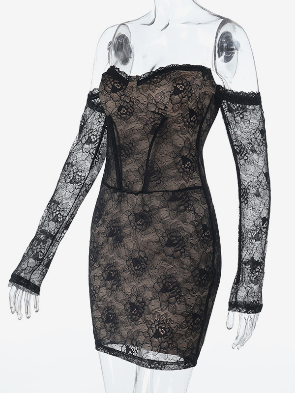 Lace Corset Dress For Women - Black Off Shoulder Long Sleeve Bodycon Mini Dress - Spring Clubwear Evening Party 2026