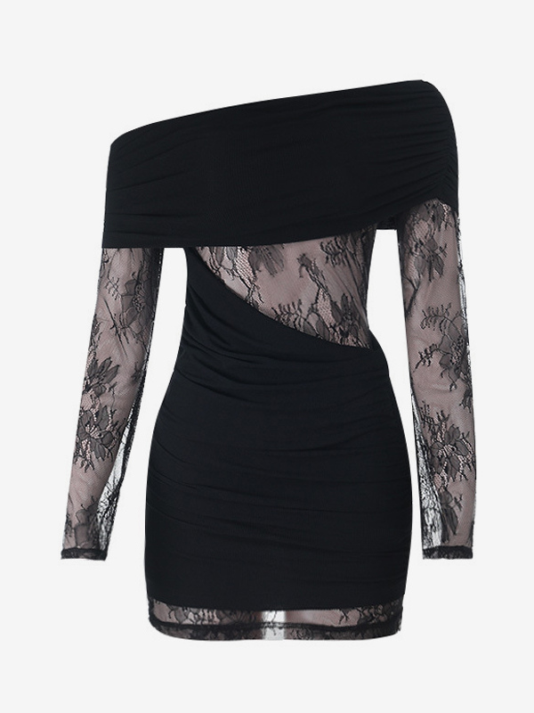 Ruched Lace Patchwork Mini Dress For Women - Black Off Shoulder Bodycon - Spring Club Night Out 2026