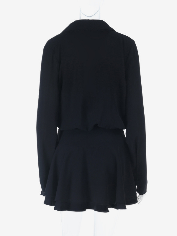 Tie Front Cutout Shirt Dress For Women - Black Long Sleeve Ruffle Hem Mini Dress - Spring Streetwear 2026