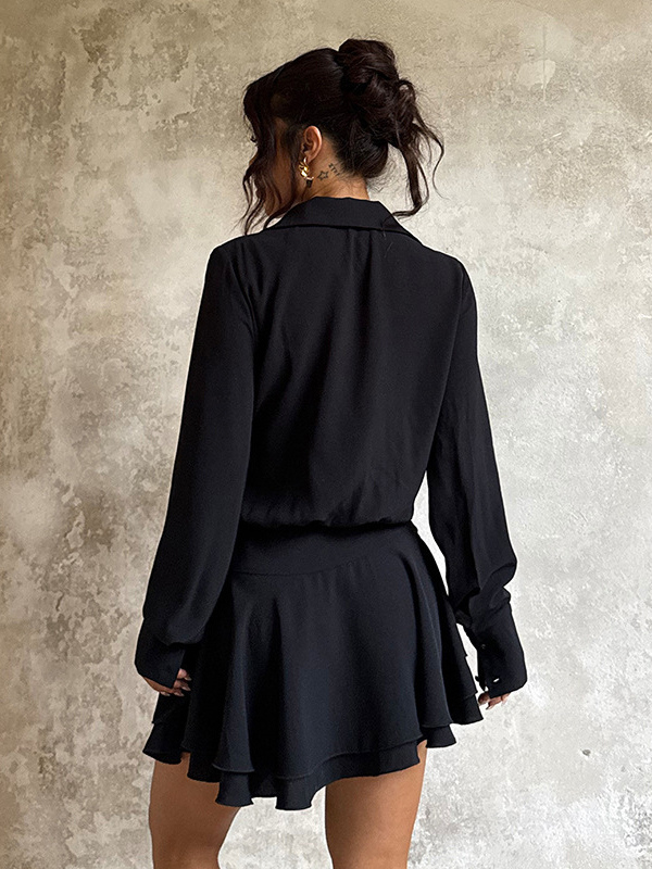 Tie Front Cutout Shirt Dress For Women - Black Long Sleeve Ruffle Hem Mini Dress - Spring Streetwear 2026