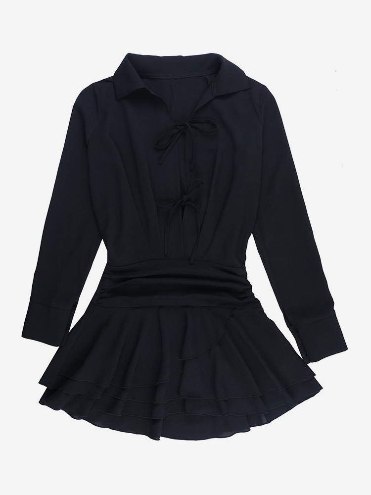 Tie Front Cutout Shirt Dress For Women - Black Long Sleeve Ruffle Hem Mini Dress - Spring Streetwear 2026
