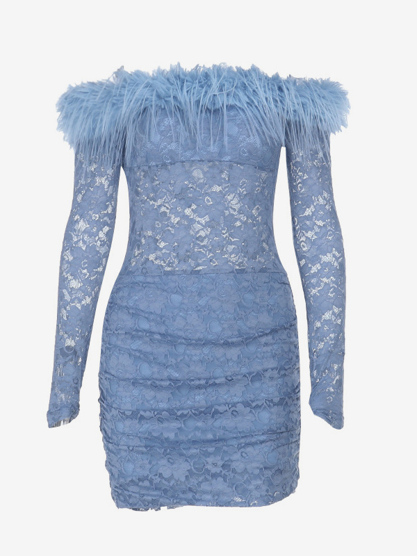 Faux Fur Trim Lace Mini Dress For Women - Dusty Blue Sexy Ruched Long Sleeve Bodycon - Spring Wedding Guest Party Dress 2026