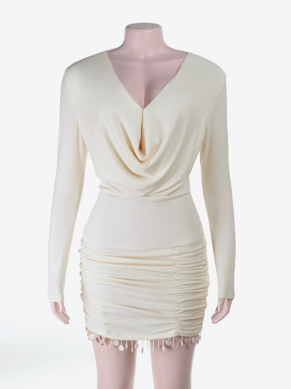 Cowl Neck Ruched Mini Dress For Women- Cream Sexy Long Sleeve Fringe Bodycon - Spring Cocktail Party 2026