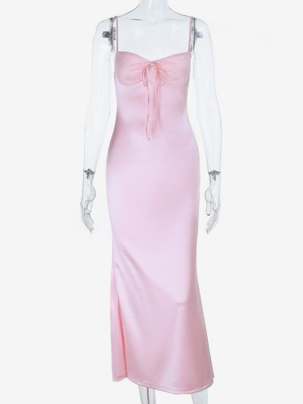 Pastel Pink Coquette Slip Dress For Women - Bow Front Midi Cami Gown - Spring Date Night Outfits 2026