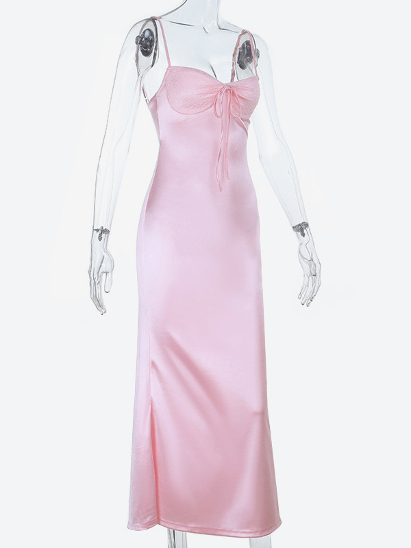Pastel Pink Coquette Slip Dress For Women - Bow Front Midi Cami Gown - Spring Date Night Outfits 2026