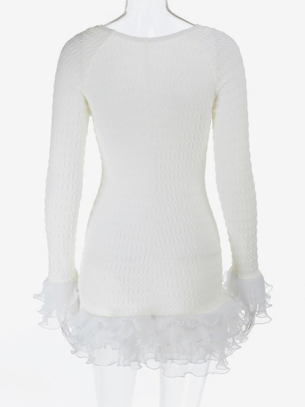 Textured Mini Dress For Women - Cream White Coquette Aesthetic Ruffle Cuff Bodycon- Summer Beach Date Night 2026