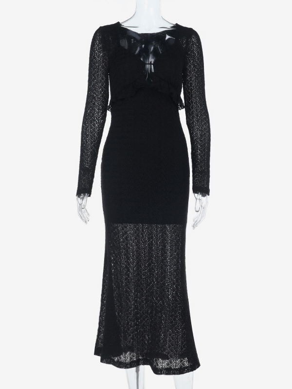 V-Neck Bodycon Long Dress For Women - Black Sexy Ruffle Cut Out - Spring Party Wedding Guest Wear 2026