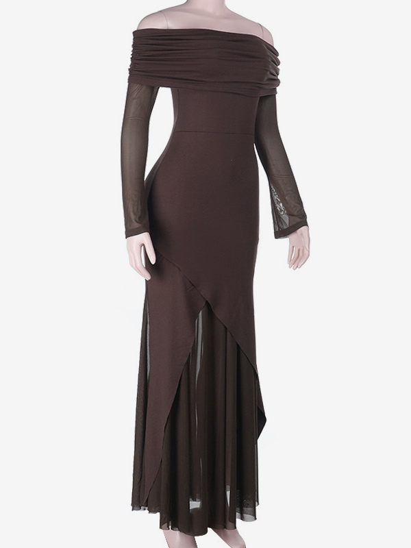 Off Shoulder Maxi Dress For Women - Brown Elegant Ruched Sheer Mesh Sleeve - Spring Party Wear 2026