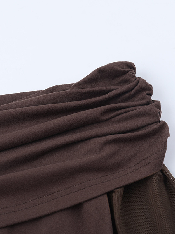 Off Shoulder Maxi Dress For Women - Brown Elegant Ruched Sheer Mesh Sleeve - Spring Party Wear 2026