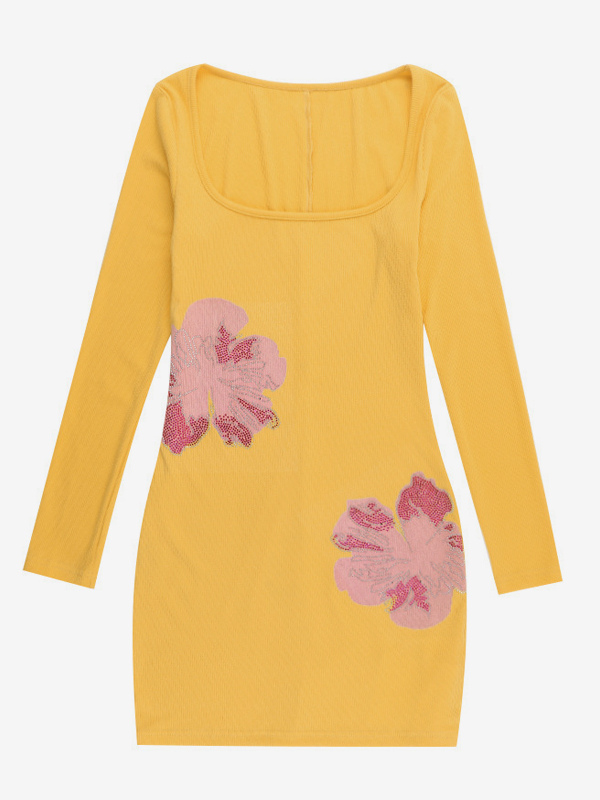 Floral Rhinestone Ribbed Dress For Women - Yellow Long Sleeve Square Neck Bodycon Mini Dress - Spring Casual Streetwear 2026