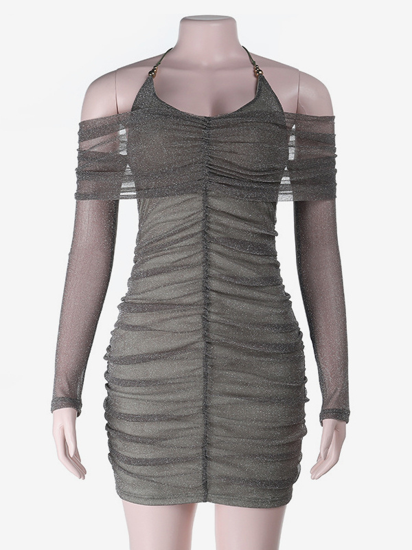 Glitted Ruched Bodycon Dress For Women - Halter Neck Off Shoulder Mesh Mini Dress - Spring Night Out Clubwear 2026