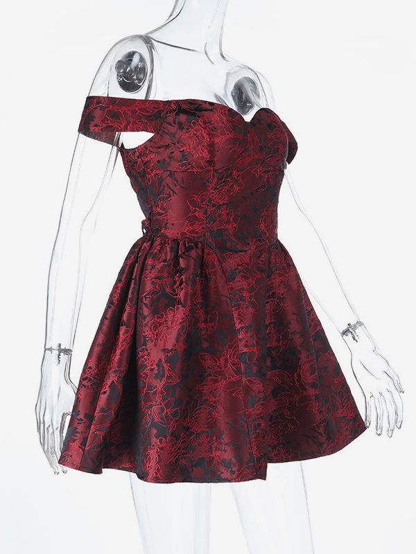Floral Jacquard Off Shoulder Mini Dress For Women - Burgundy A Line Dress - Summer Prom Birthday Party 2026