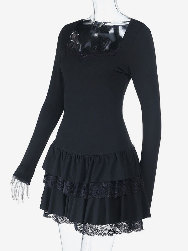 Lace Square Neck Mini Dress For Women - Black Gothic Ruffle Layered Long Sleeve Bodycon - Spring Night Out Clubwear 2026