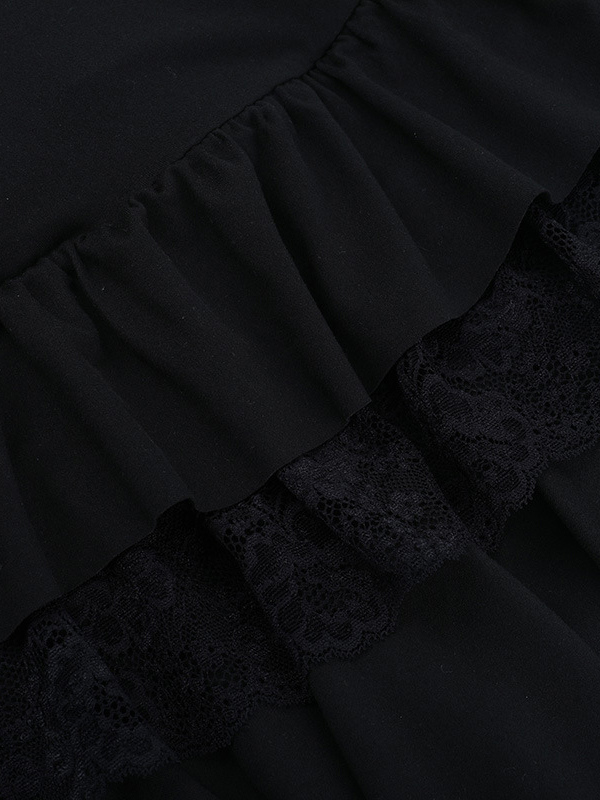 Lace Square Neck Mini Dress For Women - Black Gothic Ruffle Layered Long Sleeve Bodycon - Spring Night Out Clubwear 2026