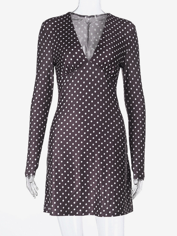 Polka Dot Women's Mini Dress - Chocolate Brown Vintage V Neck Long Sleeve Bodycon - Spring Vacation Party 2026
