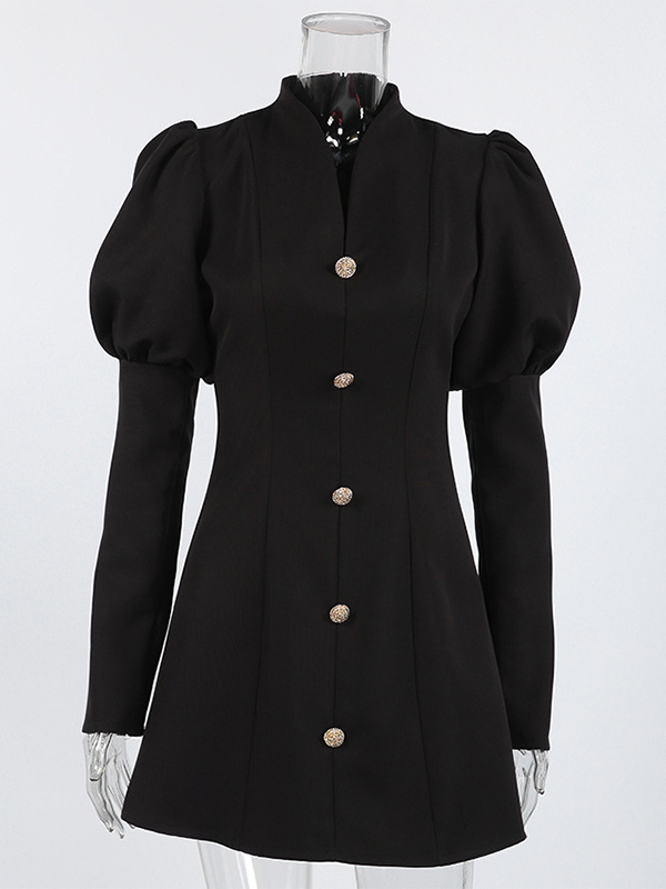 Puff Sleeve Mini Dress For Women Chic Retro Outfit - Black Elegant Stand Collar Slim Fit Bodycon - Spring Desk-to-dinner 2026