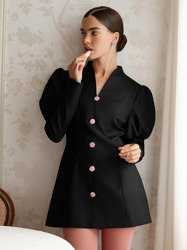 Puff Sleeve Mini Dress For Women Chic Retro Outfit - Black Elegant Stand Collar Slim Fit Bodycon - Spring Desk-to-dinner 2026