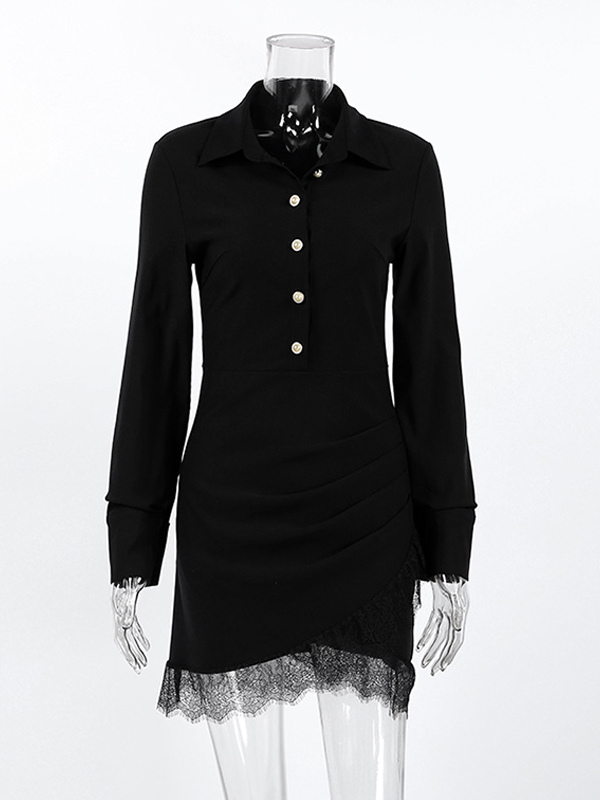 Ruched Shirt Dress Women's Chic Mini Dress - Black Lace Hem Long Sleeve Bodycon - Spring Desk-to-dinner 2026