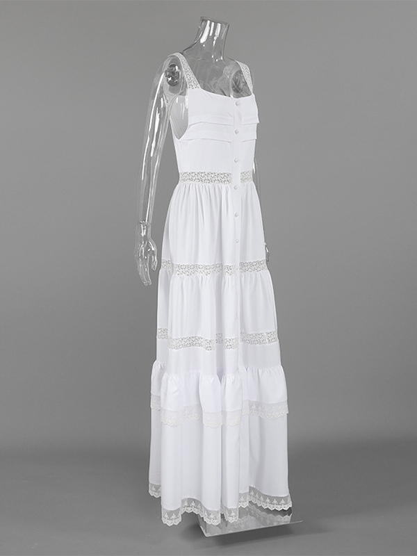Boho Tiered Maxi Dress For Women - White Lace Patchwork Square Neck Chic Sundress - Summer Beach Vacation 2026