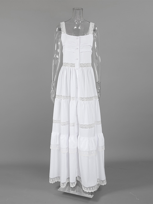 Boho Tiered Maxi Dress For Women - White Lace Patchwork Square Neck Chic Sundress - Summer Beach Vacation 2026