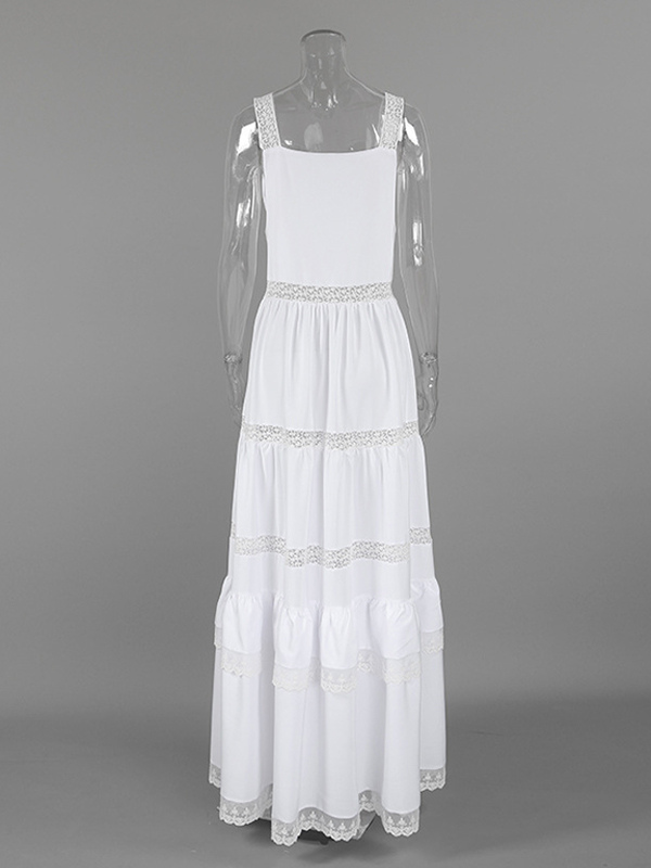 Boho Tiered Maxi Dress For Women - White Lace Patchwork Square Neck Chic Sundress - Summer Beach Vacation 2026