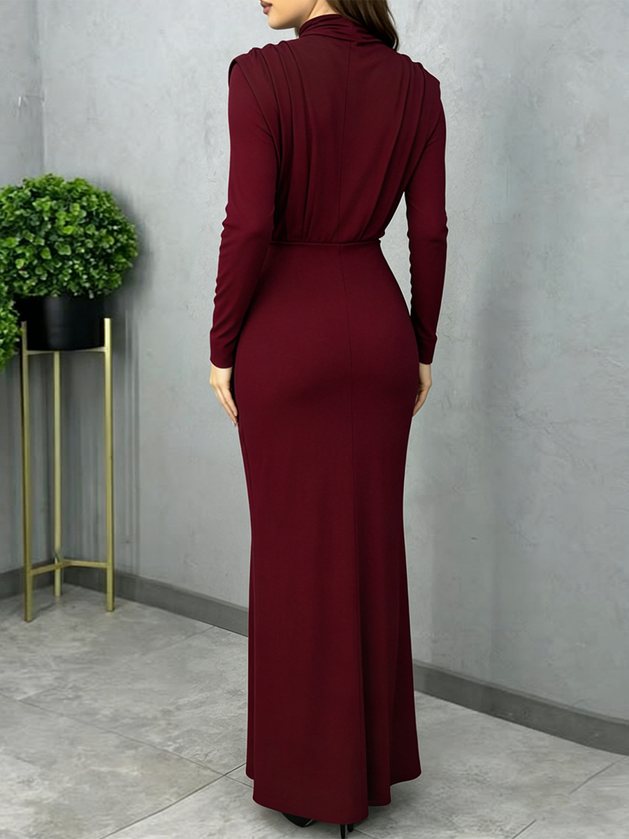 Mock Neck Maxi Dress For Women - Back Slit Long Sleeve Gown - Spring Evening Party 2026
