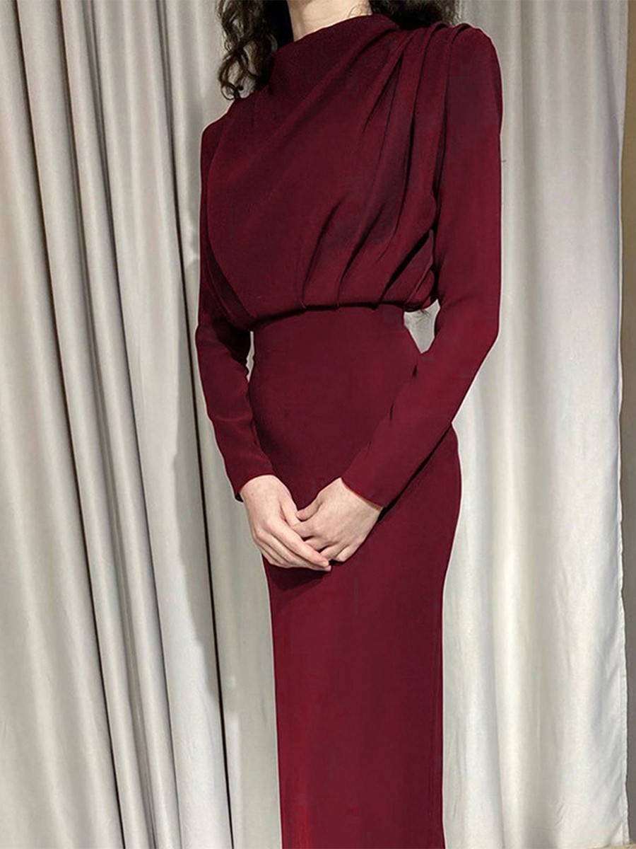 Mock Neck Maxi Dress For Women - Back Slit Long Sleeve Gown - Spring Evening Party 2026