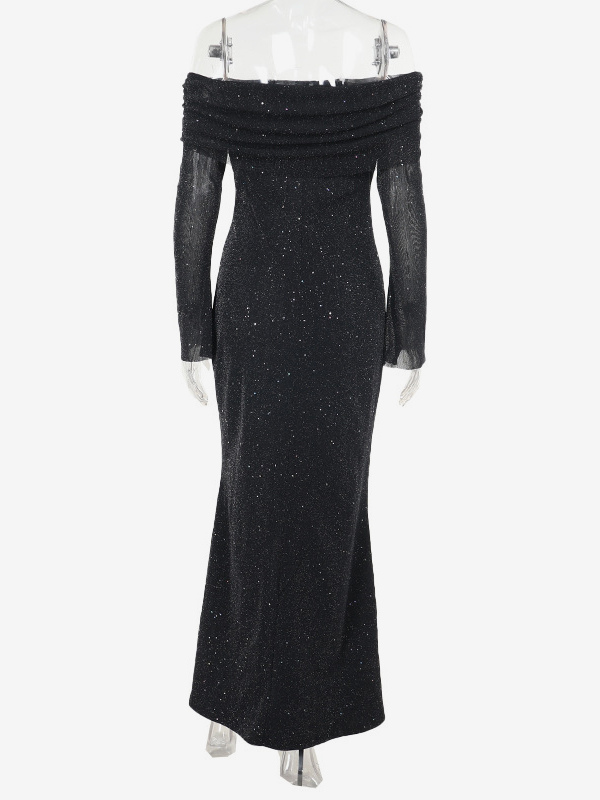 Glitter Off Shoulder Maxi Dress For Women - Sparkly Mesh Long Sleeve Mermaid Gown - Spring Gala Evening Party Outfits 2026