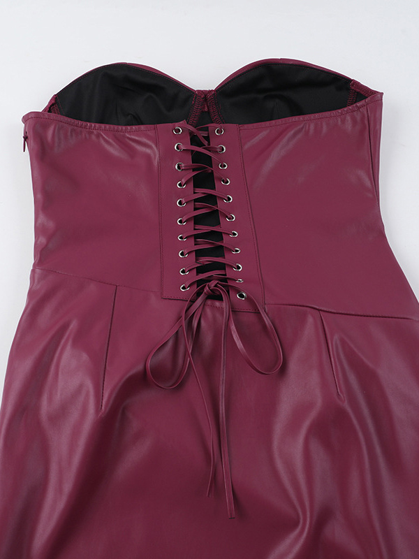 Faux Leather Corset Dress For Women - Wine Red Gothic Lace Up Back Ruched Long Dress - Summer Club Night Outfits 2026
