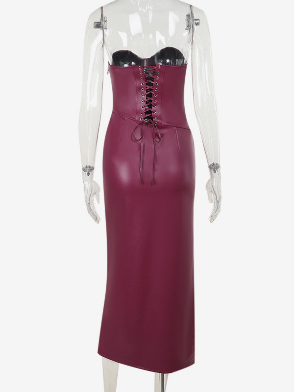 Faux Leather Corset Dress For Women - Wine Red Gothic Lace Up Back Ruched Long Dress - Summer Club Night Outfits 2026