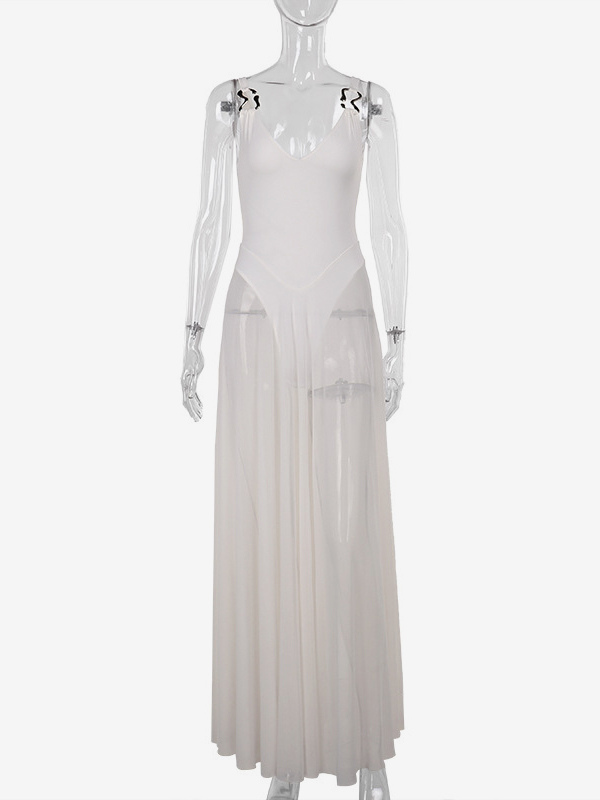 Sheer Maxi Dress For Women - Sexy V-neck Mesh Patchwork Bodysuit Flowy Gown - Summer Beach Club 2026