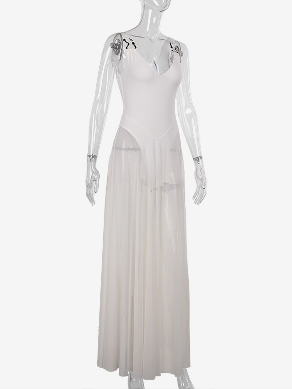 Sheer Maxi Dress For Women - Sexy V-neck Mesh Patchwork Bodysuit Flowy Gown - Summer Beach Club 2026