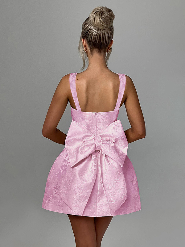 Jacquard Coquette Mini Dress For Women - Barbiecore Big Bow Back Sleeveless A Line - Summer Birthday Party Outfits 2026