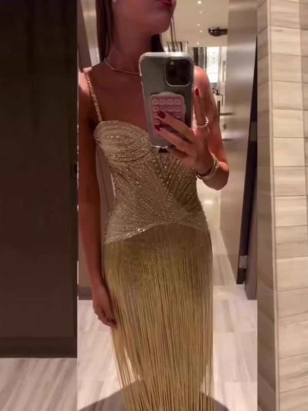 Beaded Fringed Slip Cocktail Dress For Women - Apricot Gatsby Flapper Style Sleeveless Maxi Gown - Summer Party Prom 2026