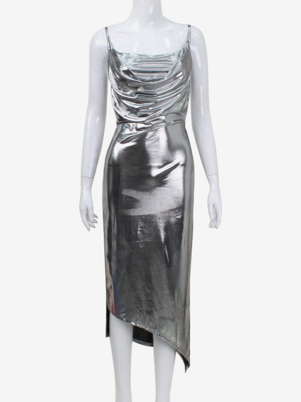 Metallic Cowl Neck Slip Dress For Women - Silver Sexy Cut Out Back Asymmetrical Midi Slit Dress - Summer Night Club Party 2026