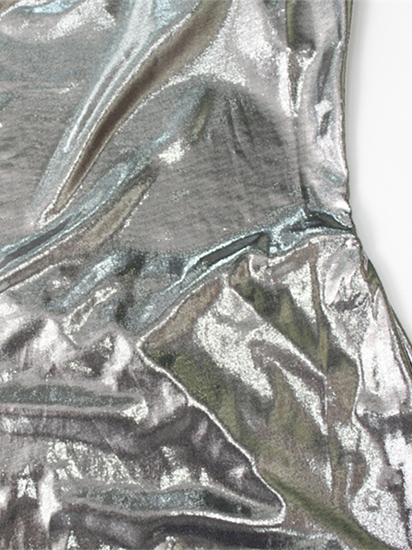 Metallic Cowl Neck Slip Dress For Women - Silver Sexy Cut Out Back Asymmetrical Midi Slit Dress - Summer Night Club Party 2026