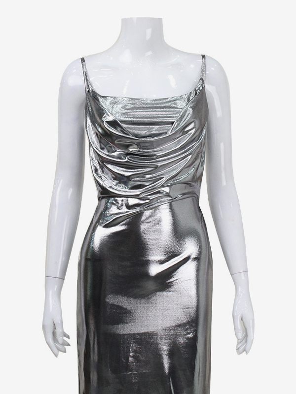Metallic Cowl Neck Slip Dress For Women - Silver Sexy Cut Out Back Asymmetrical Midi Slit Dress - Summer Night Club Party 2026