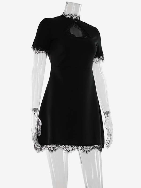 Lace Trim Keyhole Mini Dress For Women - Black Elegant High Neck Short Sleeve A-Line Dress - Spring Birthday Party 2026