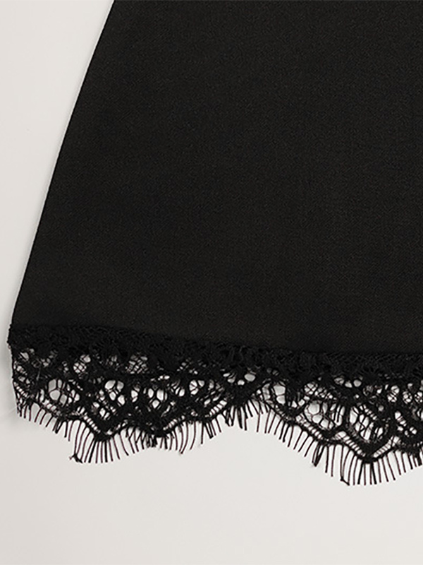 Lace Trim Keyhole Mini Dress For Women - Black Elegant High Neck Short Sleeve A-Line Dress - Spring Birthday Party 2026