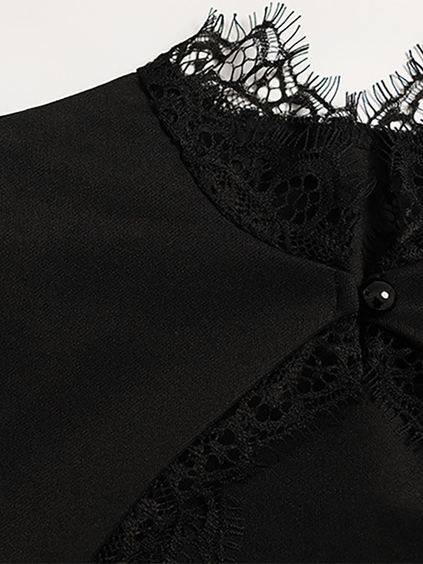 Lace Trim Keyhole Mini Dress For Women - Black Elegant High Neck Short Sleeve A-Line Dress - Spring Birthday Party 2026