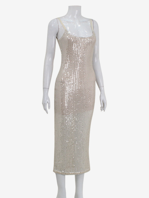 Sparkly Sequin Maxi Slip Dress For Women - Glam Spaghetti Strap Bodycon - Spring Night Out Club Party 2026