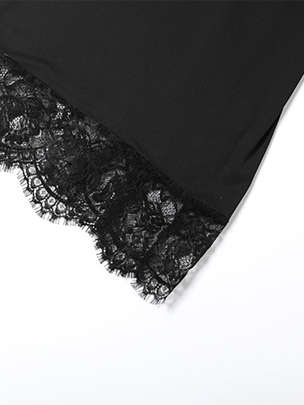Lace Trim Slip Dress For Women - Black Ribbed Sleeveless Cami Mini Sundress - Summer Party Night Out 2026