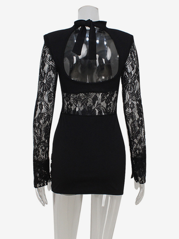 Sheer Lace Patchwork Mini Dress For Women - Bodycon High Neck Padded Shoulder Gown - Spring Night Out Party Clubwear 2026